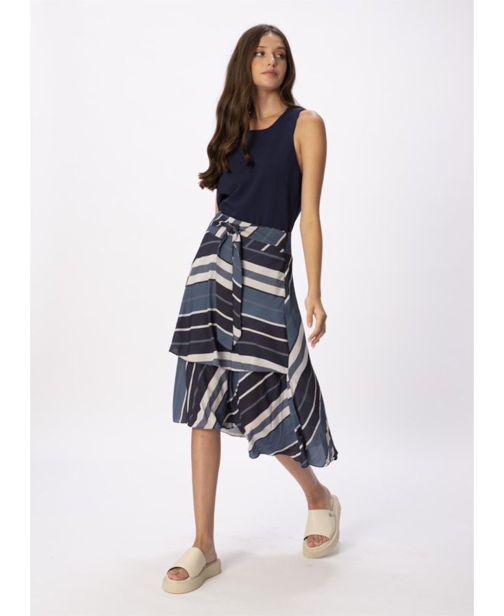 Saia Midi Cinto Bold Stripes Est. Listras Marinho