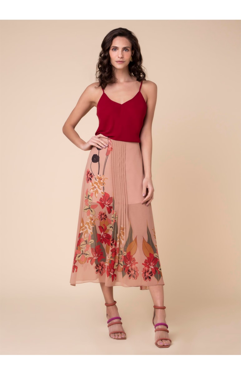 Saia Midi Mixed Flowers Estampado Nude