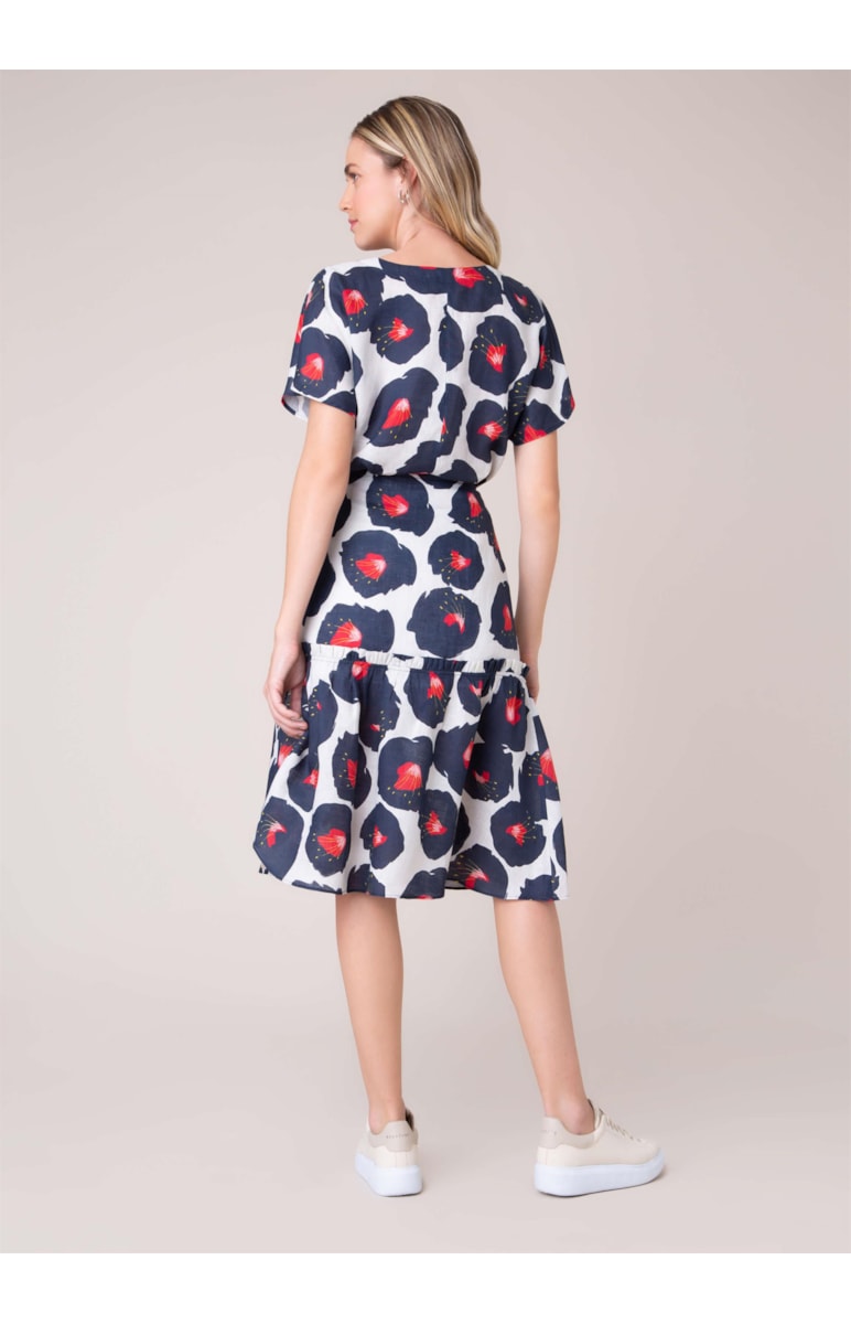 Saia Midi Puro Linho Maxi Flower Bege