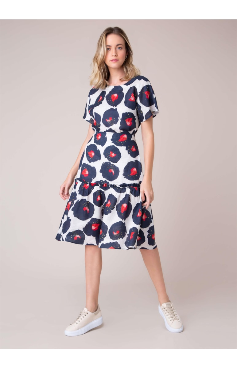 Saia Midi Puro Linho Maxi Flower Bege