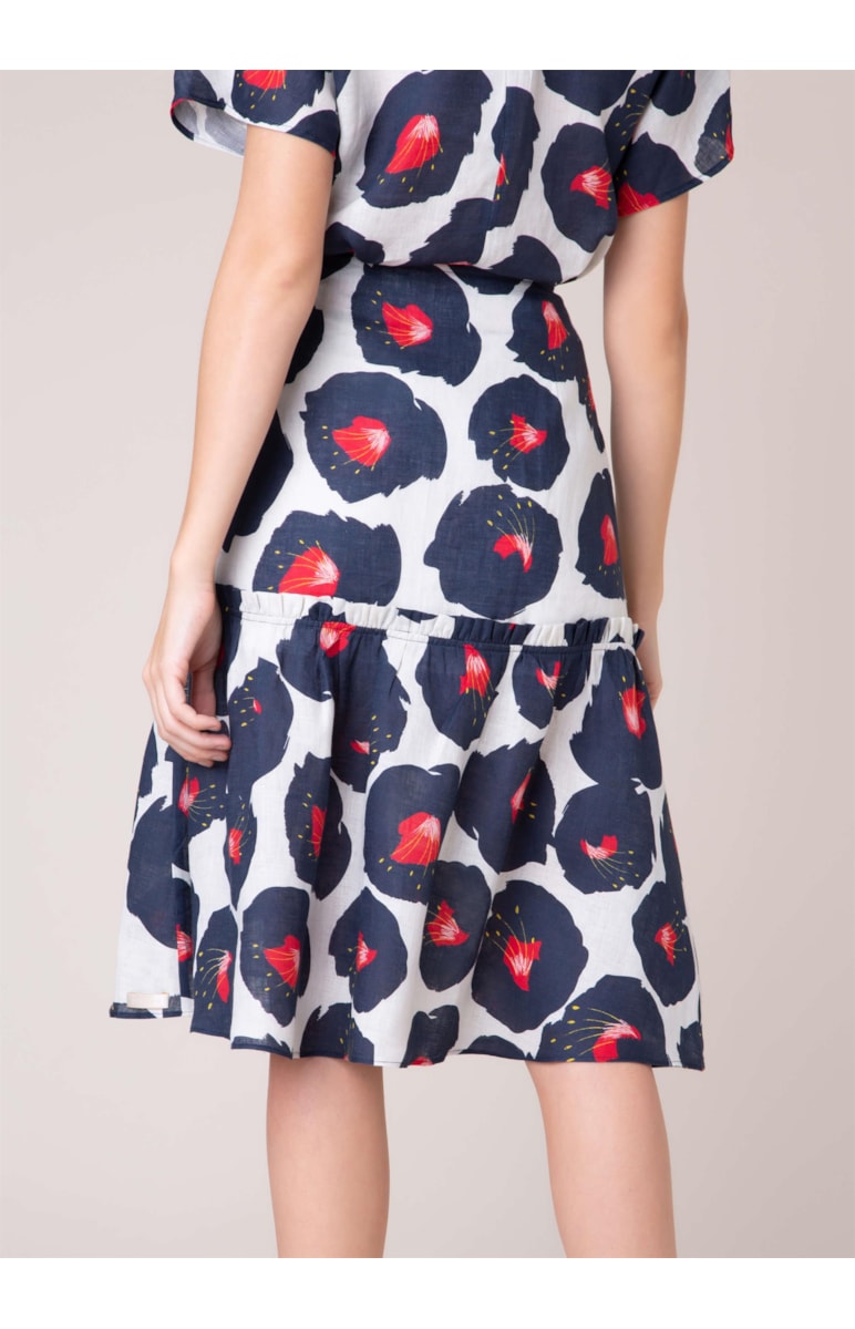 Saia Midi Puro Linho Maxi Flower Bege