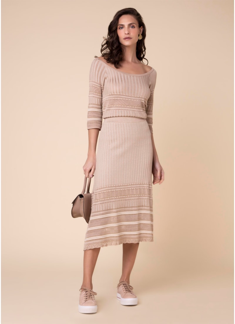 Saia Midi Tricot Mix Pontos Bege