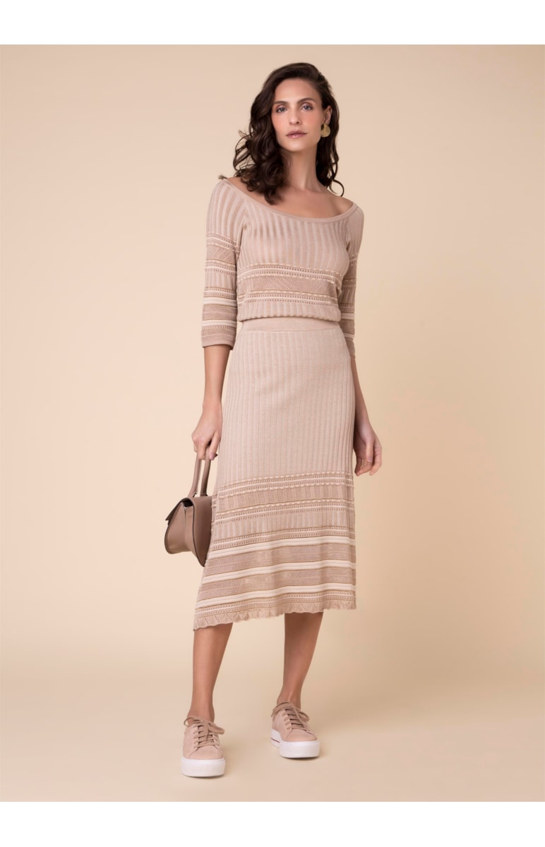 Saia Midi Tricot Mix Pontos Bege