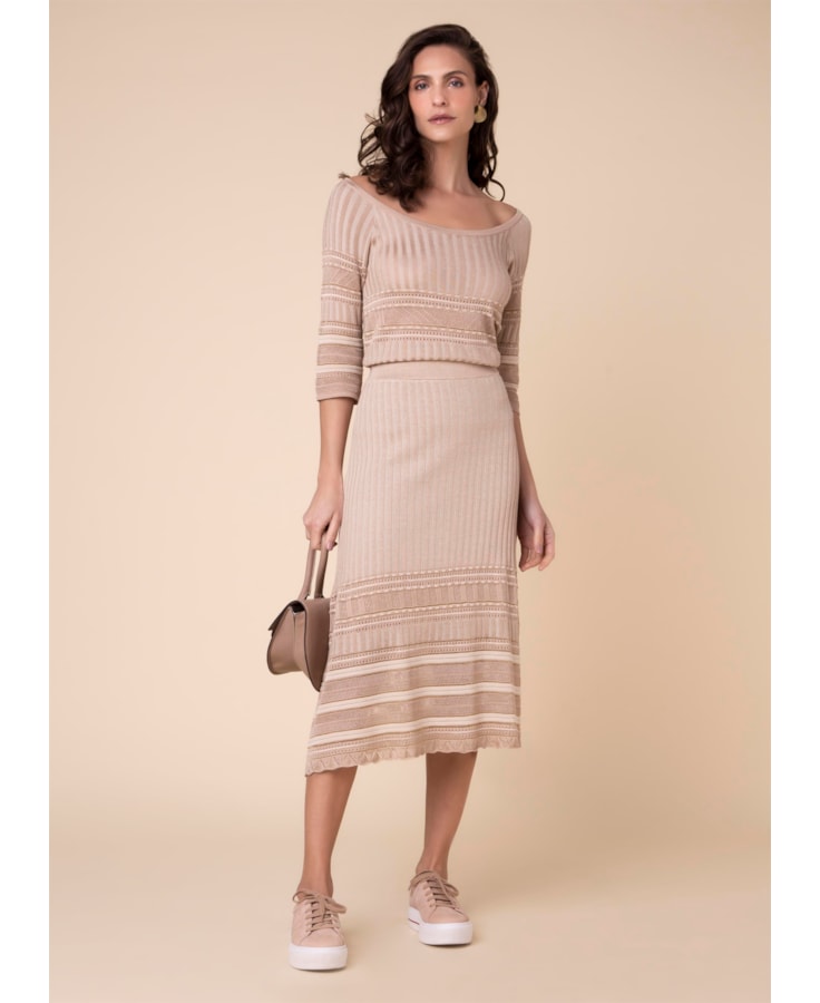 Saia Midi Tricot Mix Pontos Bege