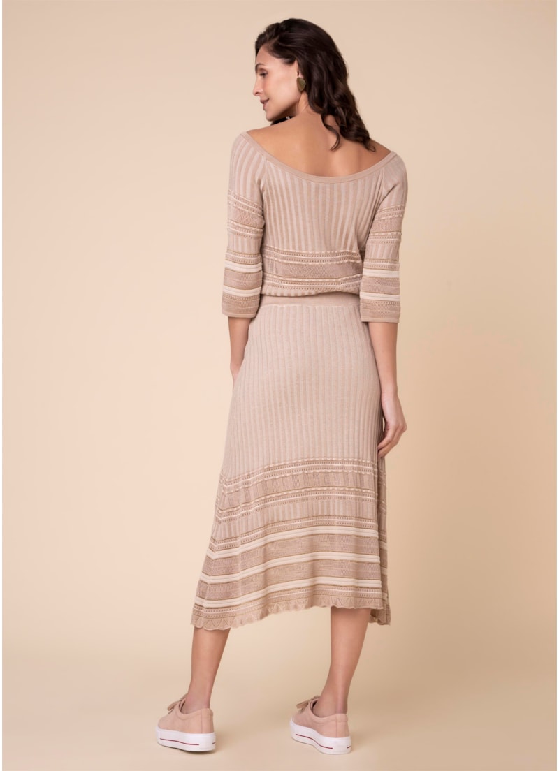 Saia Midi Tricot Mix Pontos Bege