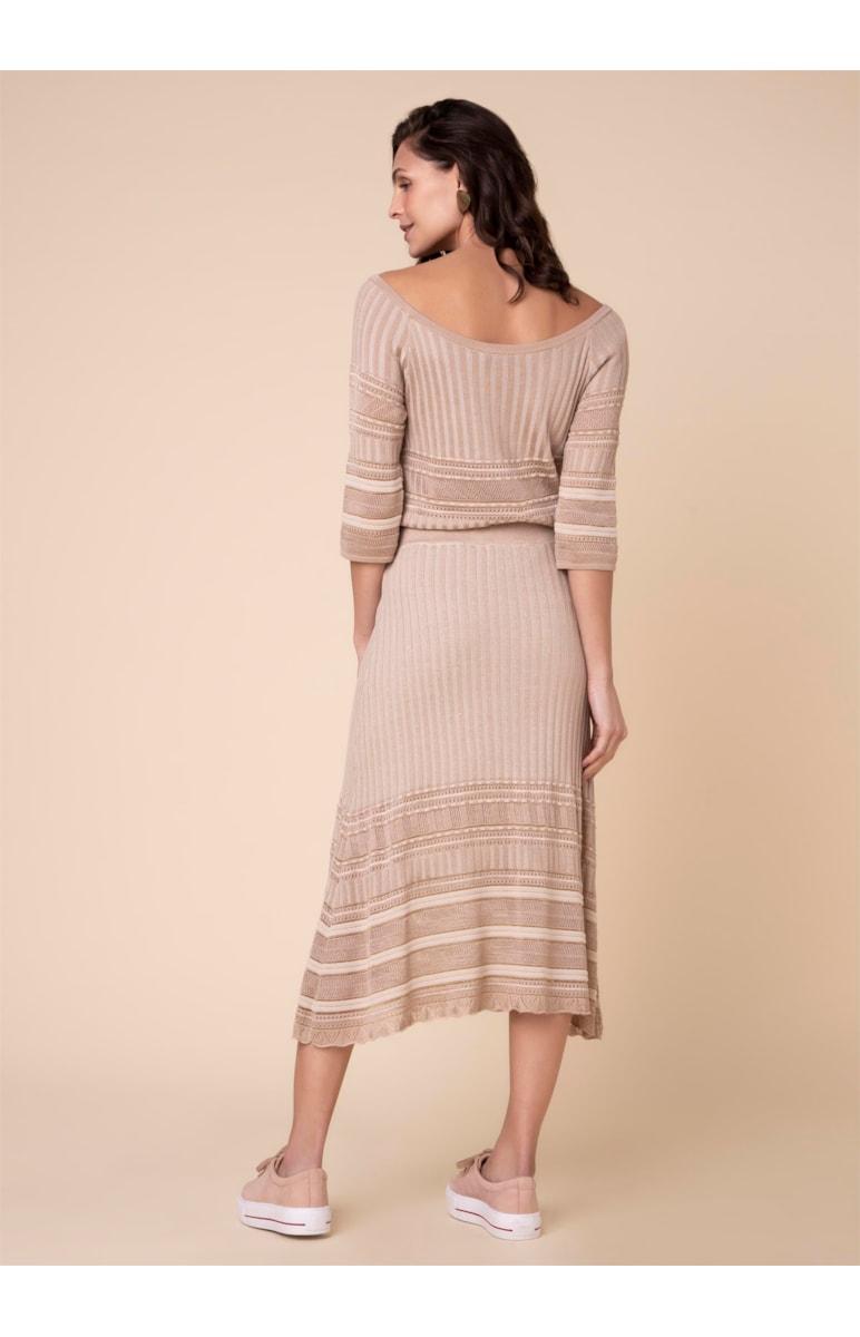 Saia Midi Tricot Mix Pontos Bege