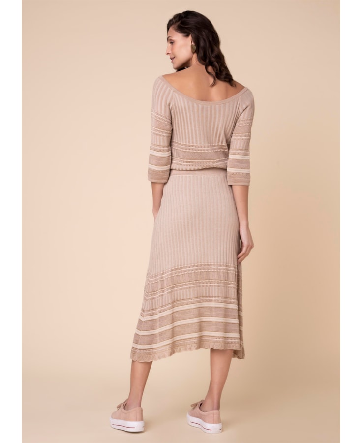 Saia Midi Tricot Mix Pontos Bege