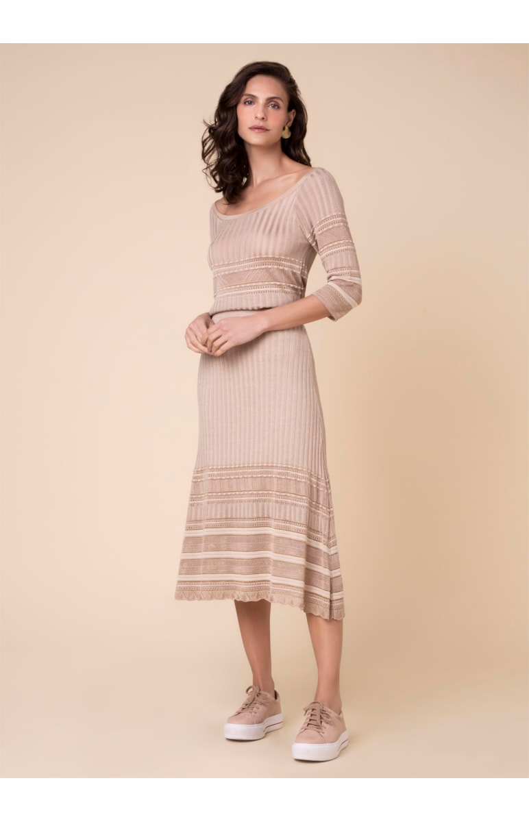 Saia Midi Tricot Mix Pontos Bege