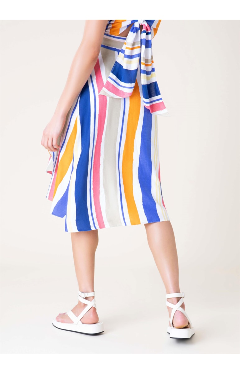 Saia Transpassada Puro Linho Colors Stripe Branco