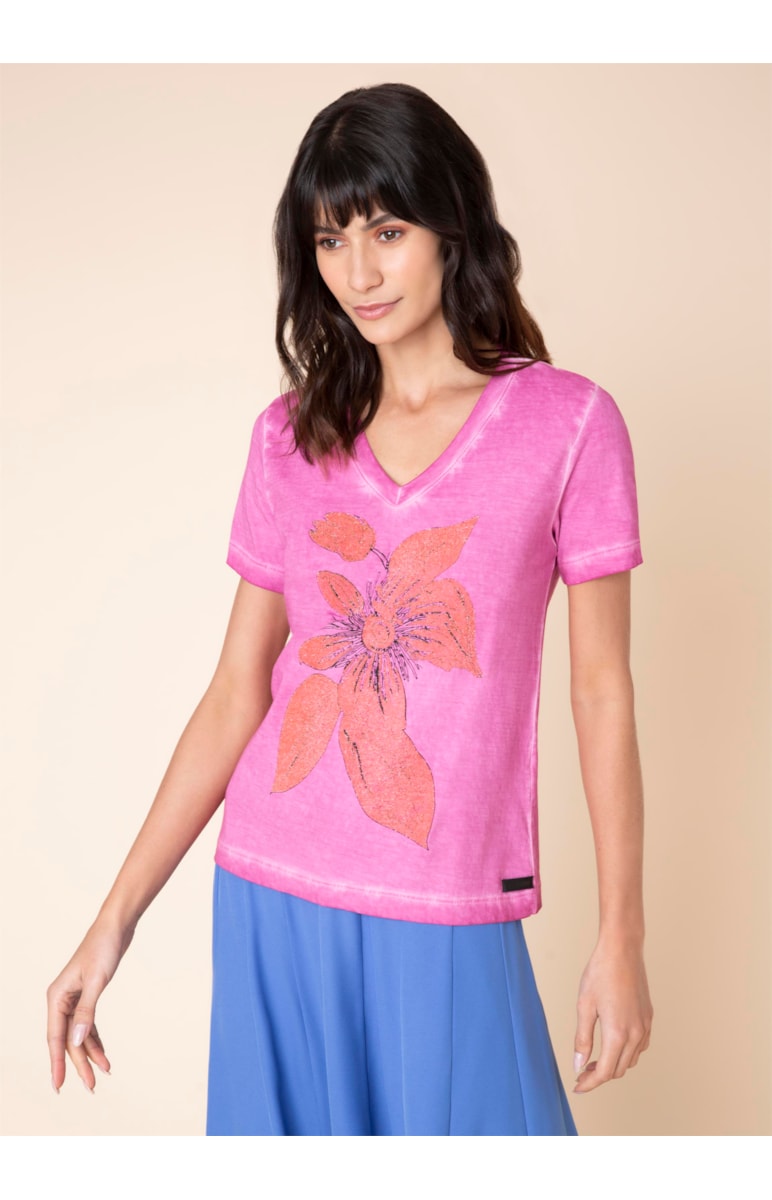 T-Shirt Flor Reticulado Fucsia
