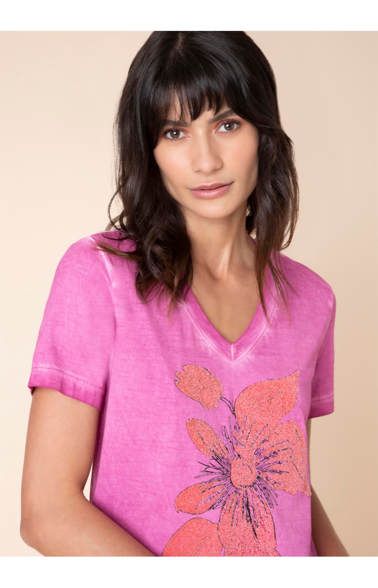 T-Shirt Flor Reticulado Fucsia