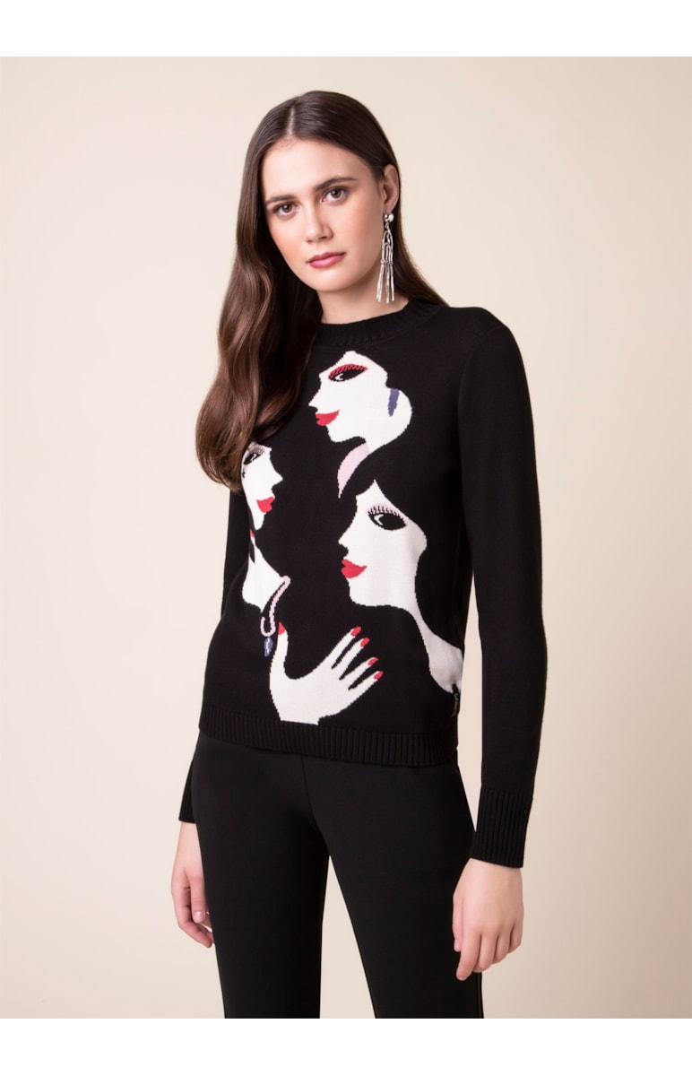 Tricot Jacquard Faces Preto