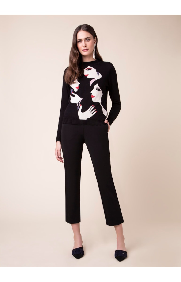 Tricot Jacquard Faces Preto