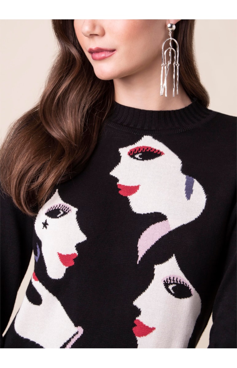 Tricot Jacquard Faces Preto