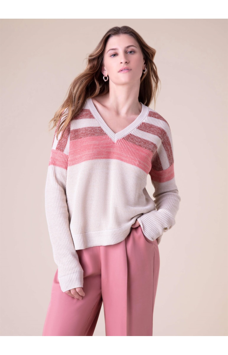 Tricot Listrado Decote v Natural