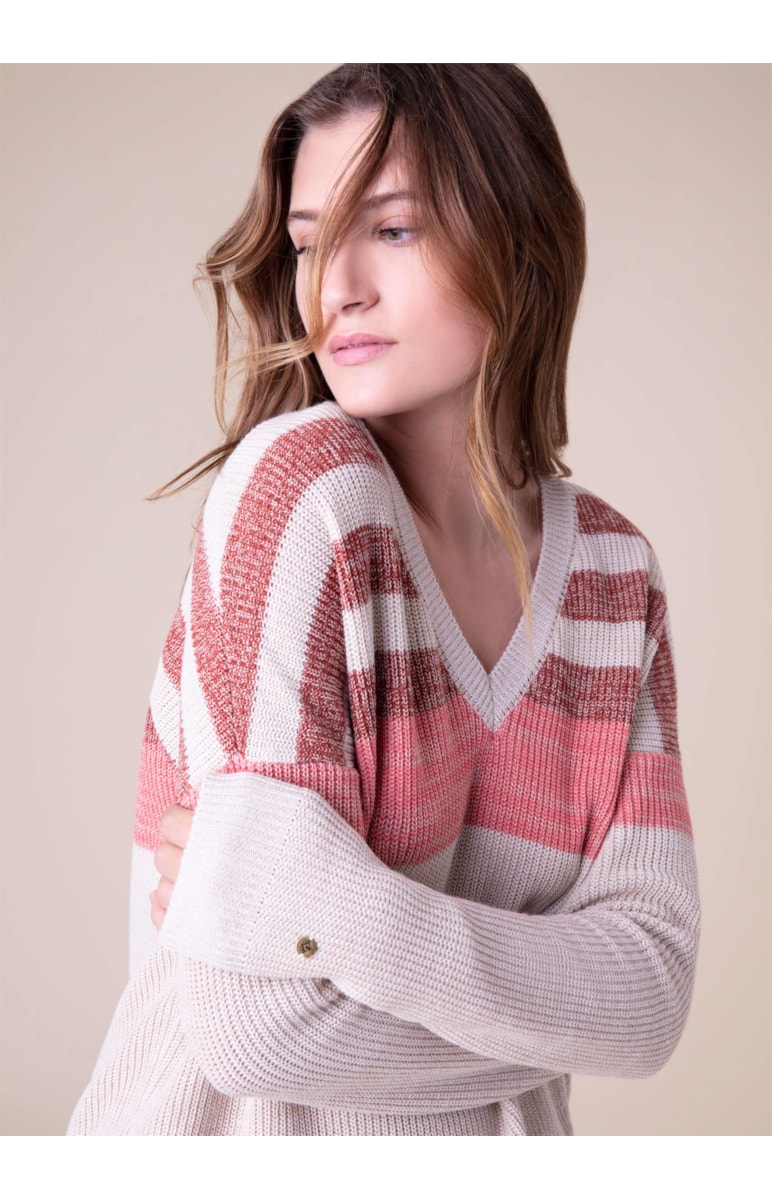 Tricot Listrado Decote v Natural