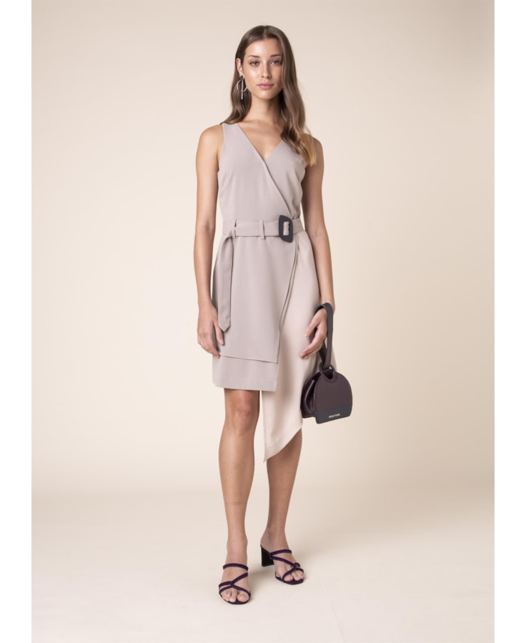 Vestido Assimétrico Fivela Areia