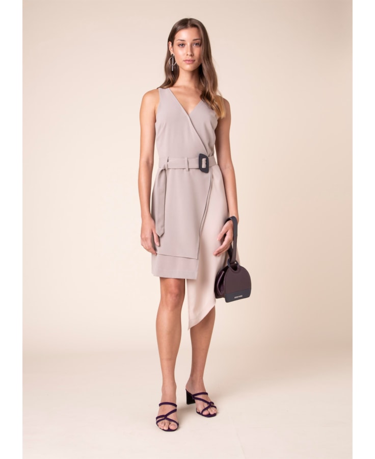 Vestido Assimétrico Fivela Areia