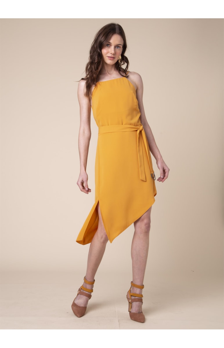Vestido Assimetrico Fivela Meia Lua Amarelo