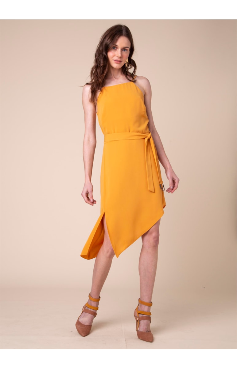 Vestido Assimetrico Fivela Meia Lua Amarelo