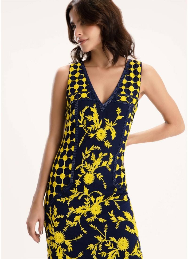 Vestido Bordado Flores Marinho