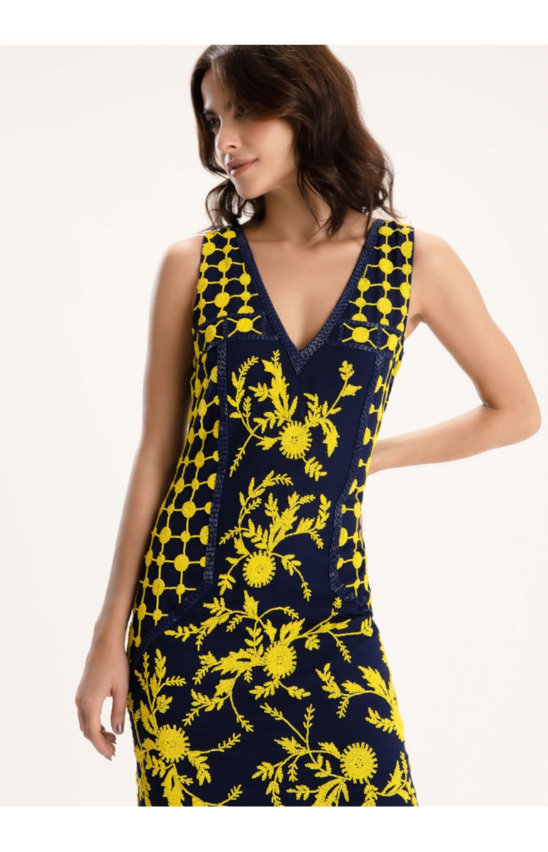 Vestido Bordado Flores Marinho