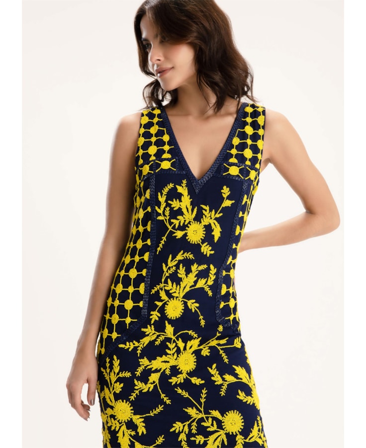 Vestido Bordado Flores Marinho