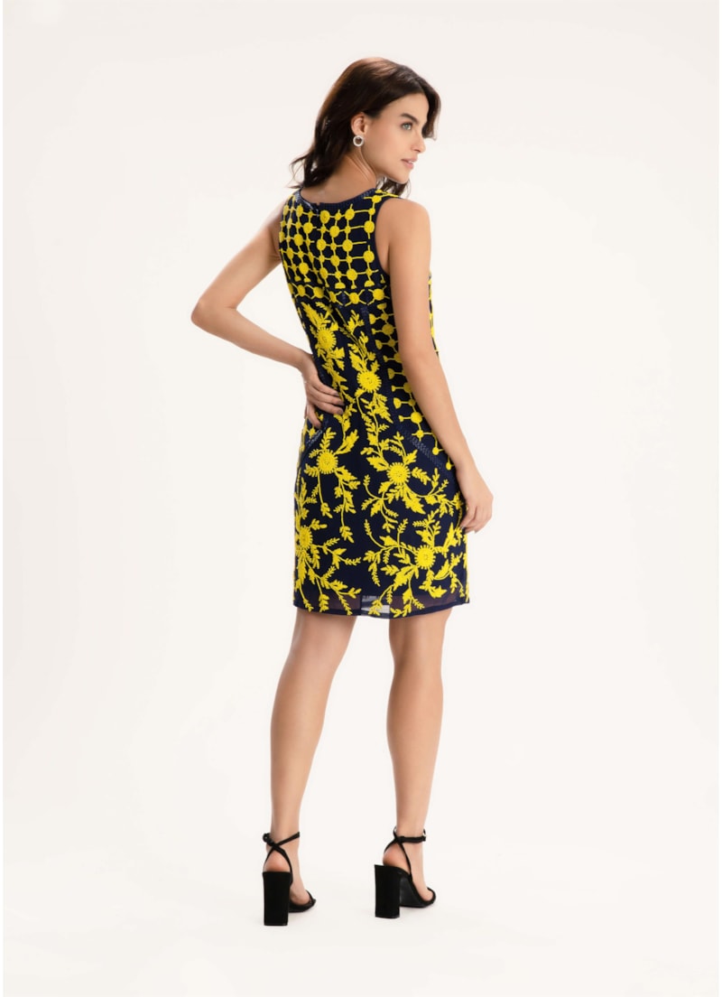 Vestido Bordado Flores Marinho