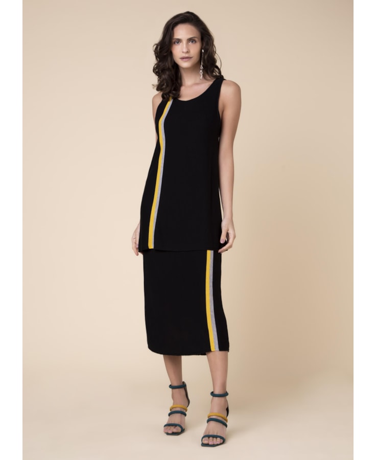 Vestido Duplo Listrado Preto