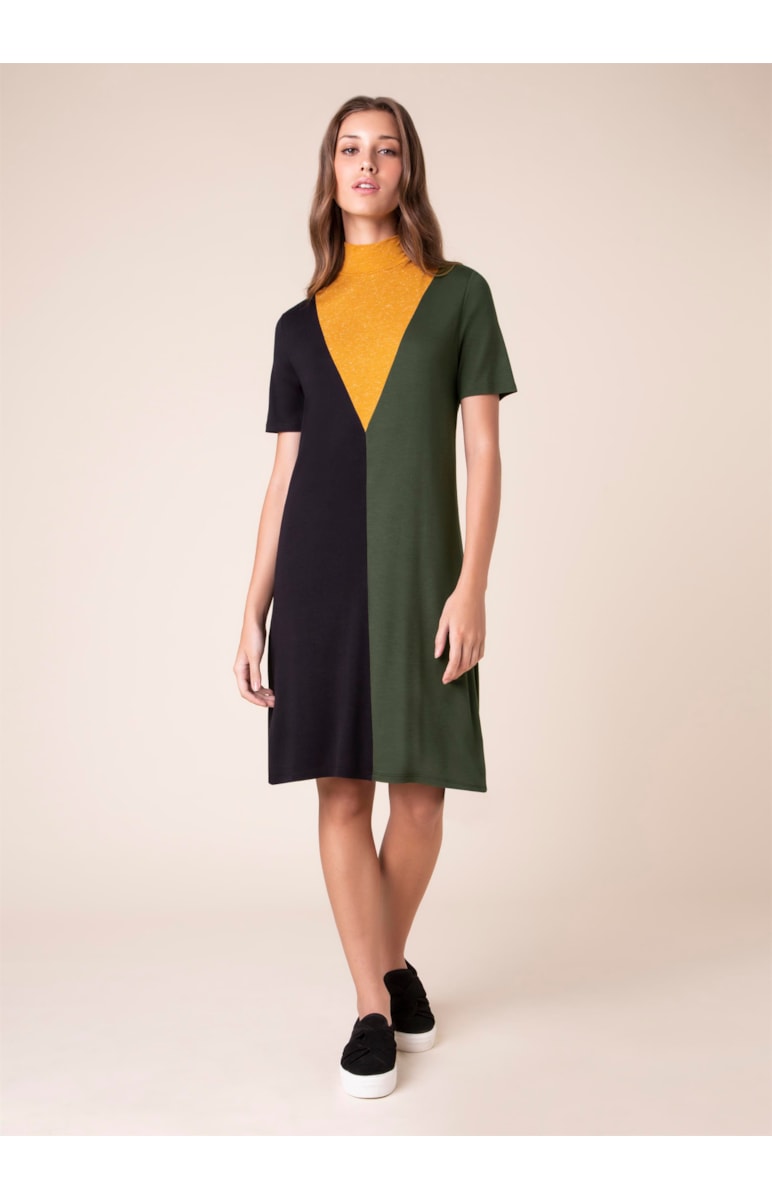 Vestido Gola Alta Tricolor Mostarda