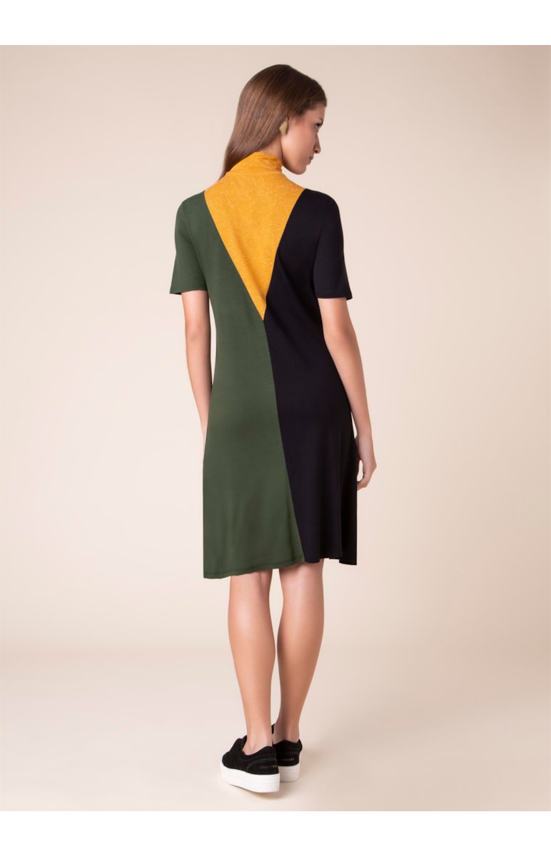 Vestido Gola Alta Tricolor Mostarda