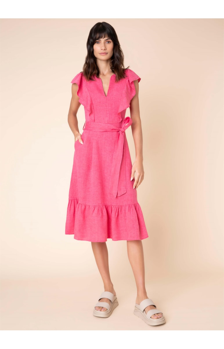 Vestido Linho Midi Babados Fucsia