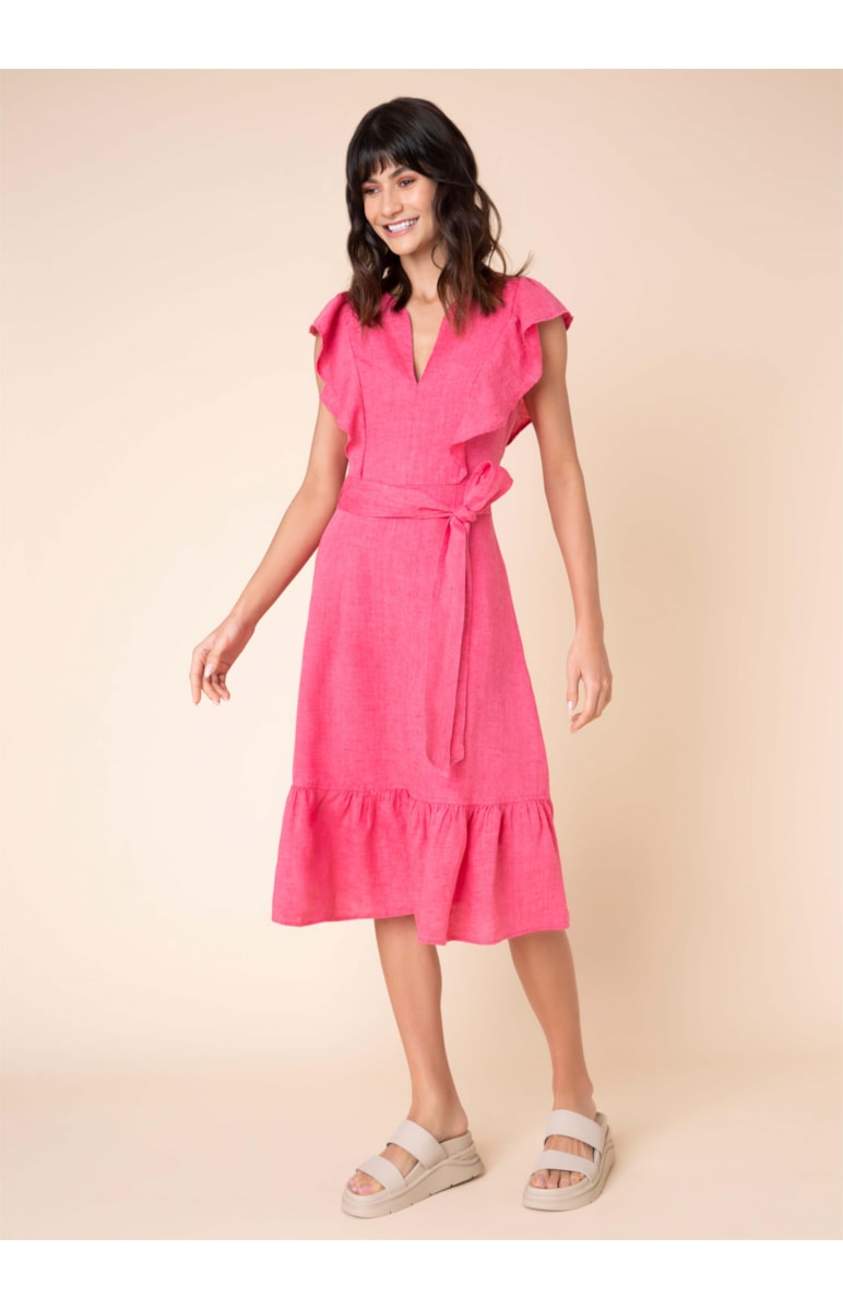Vestido Linho Midi Babados Fucsia