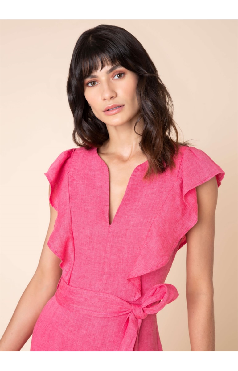 Vestido Linho Midi Babados Fucsia