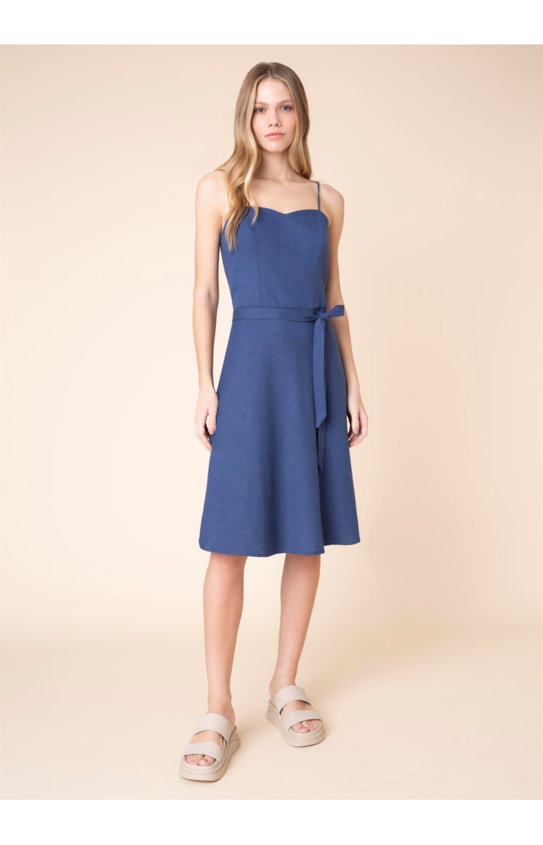 Vestido Linho Midi Laços Marinho