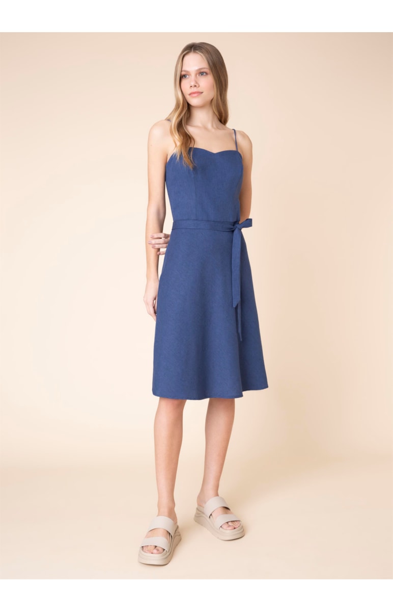 Vestido Linho Midi Laços Marinho