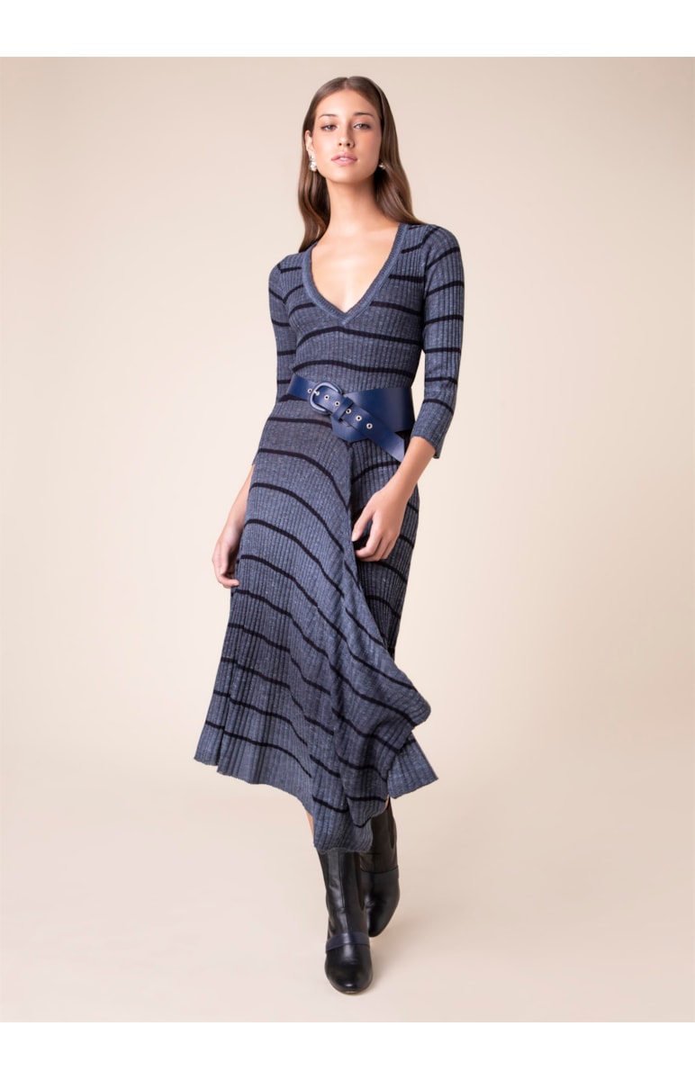 Vestido Listrado Amarração Azul Seco