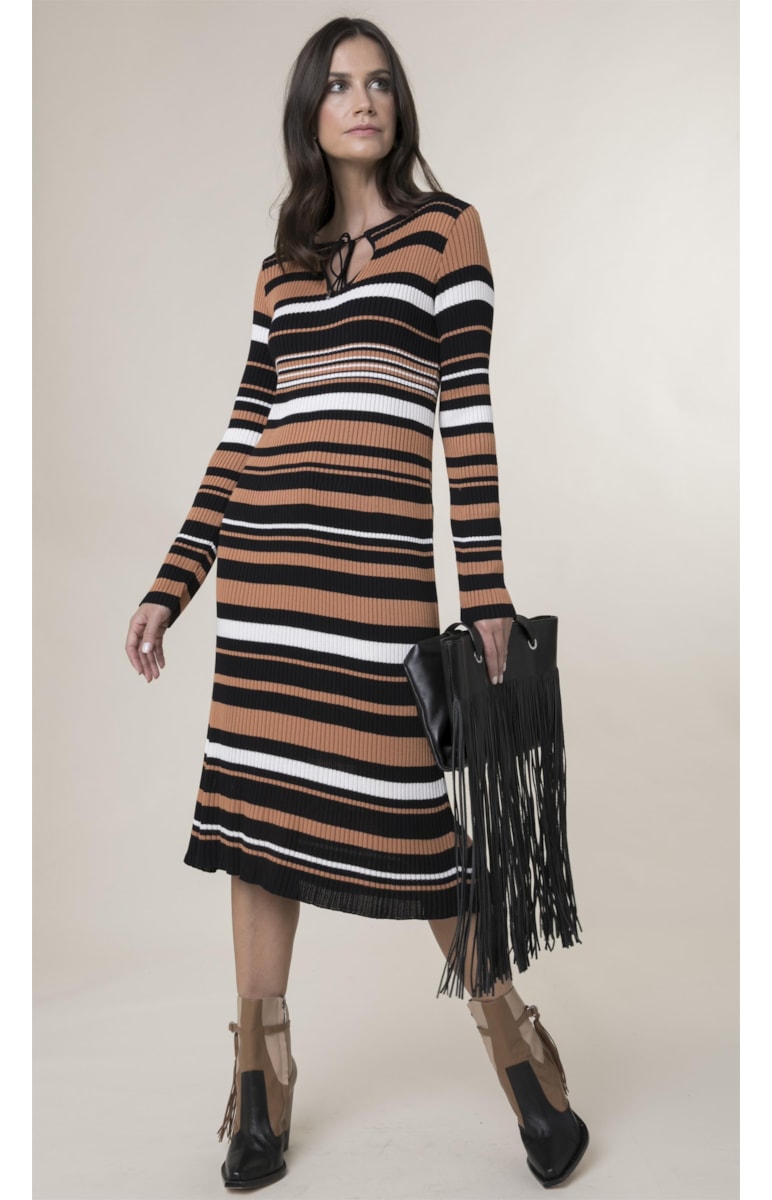 Vestido Listras Saia Dupla Preto