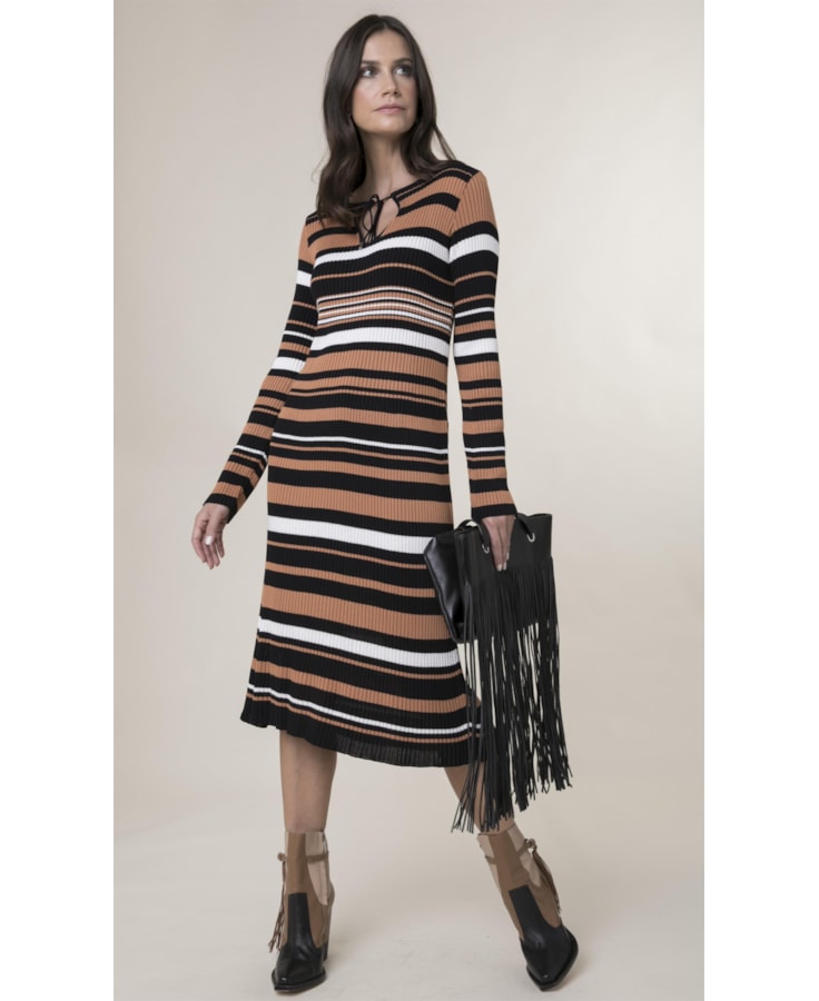 Vestido Listras Saia Dupla Preto