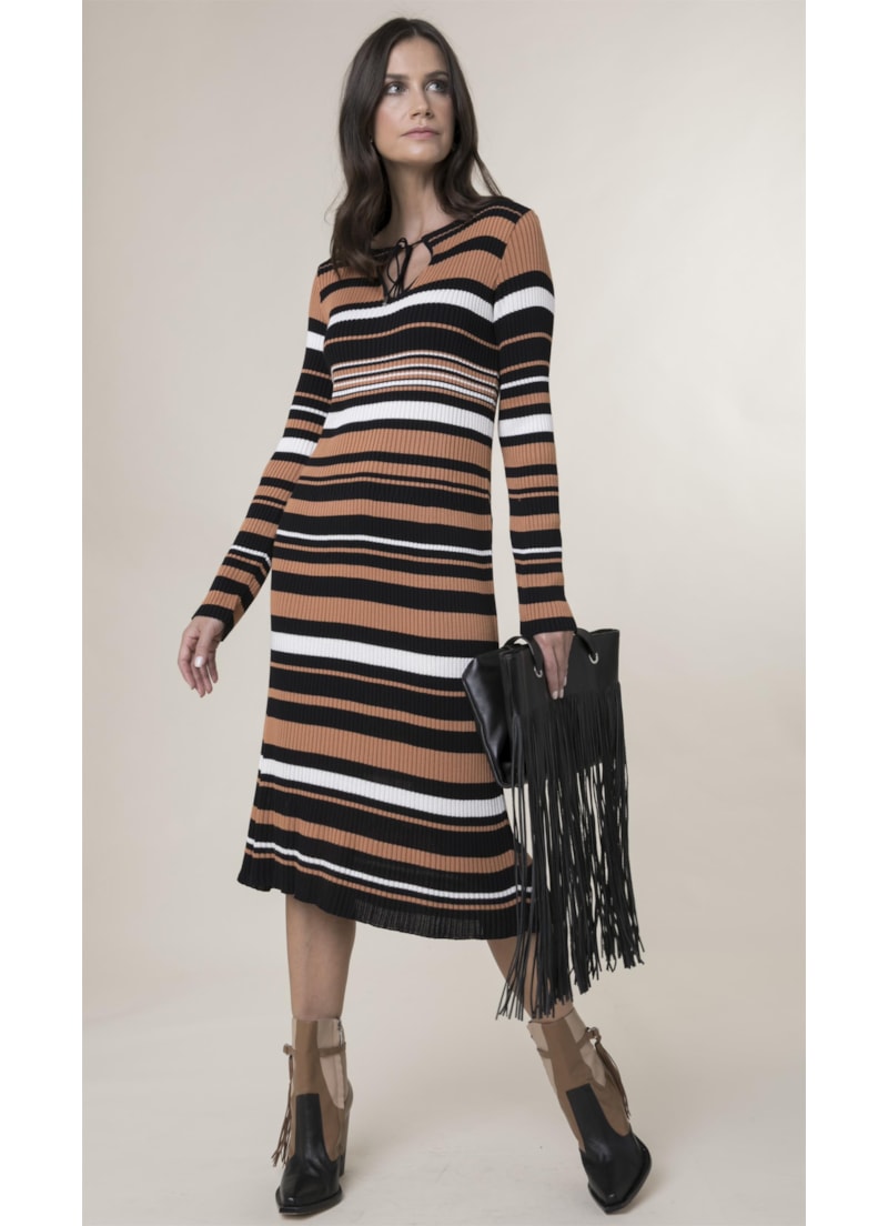 Vestido Listras Saia Dupla Preto