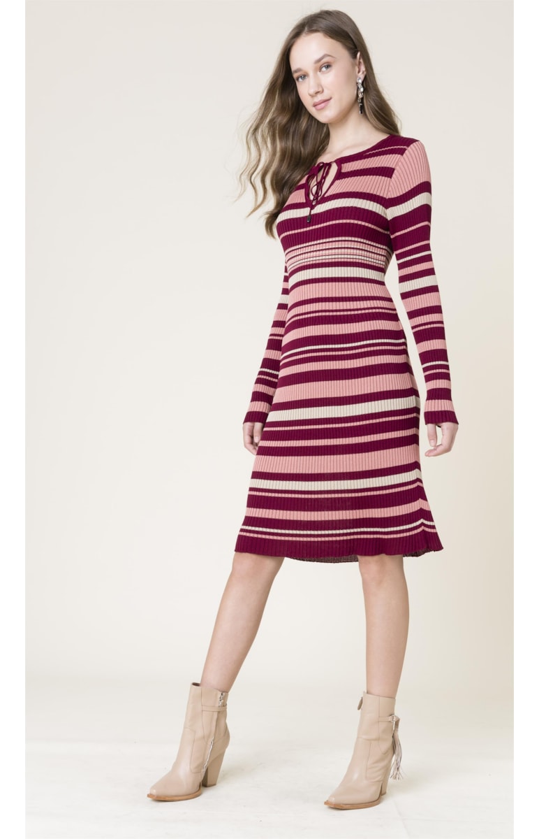 Vestido Listras Saia Dupla Vinho