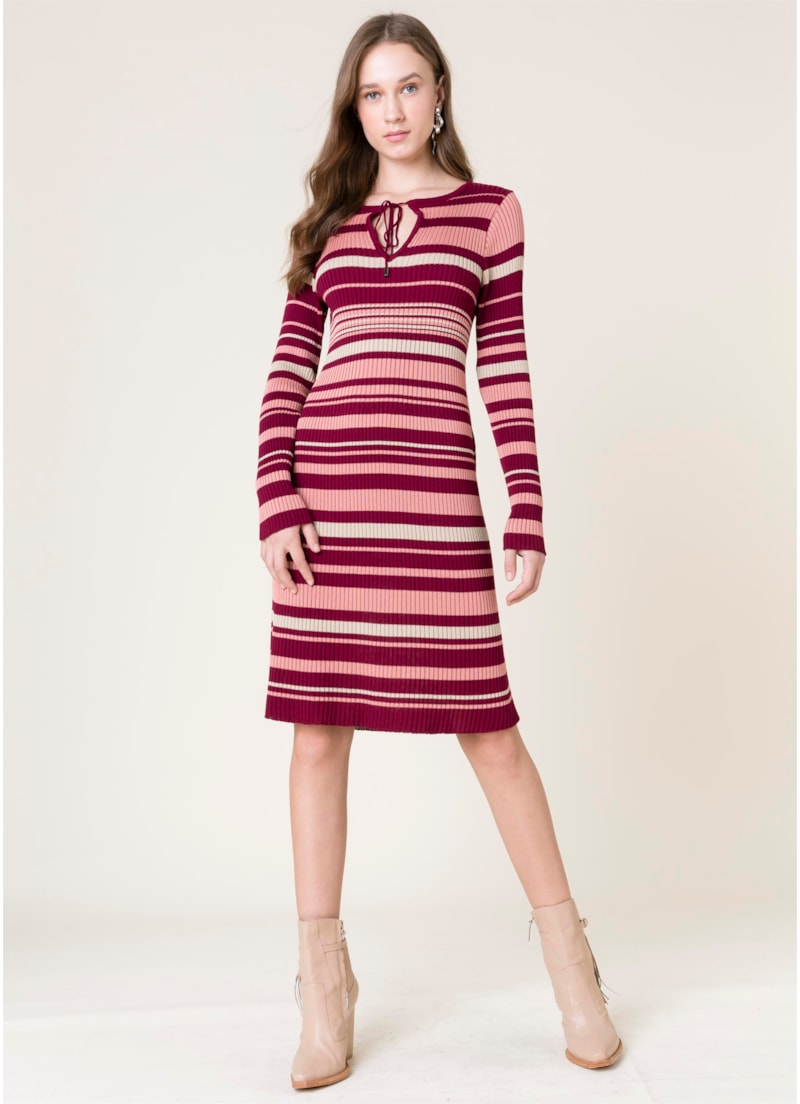 Vestido Listras Saia Dupla Vinho