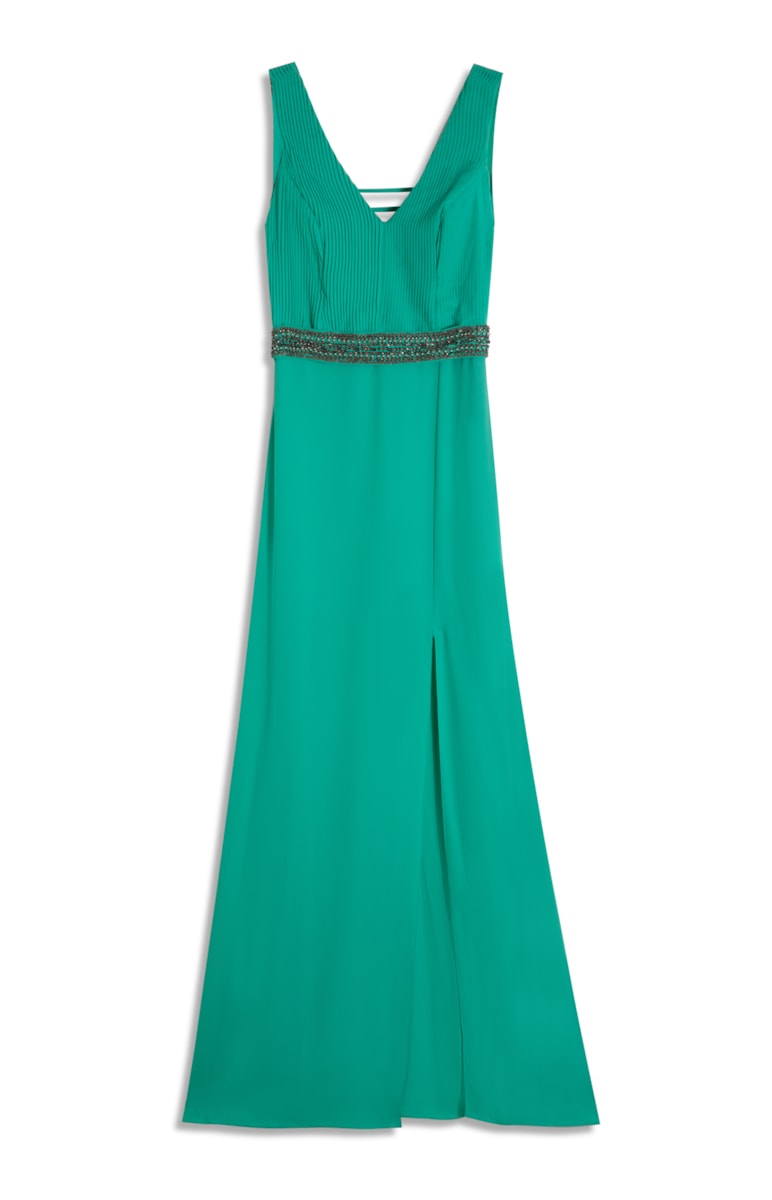 Vestido Longo Cinto Bordado Verde Claro