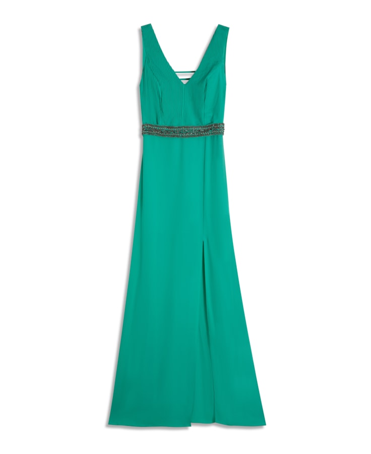 Vestido Longo Cinto Bordado Verde Claro