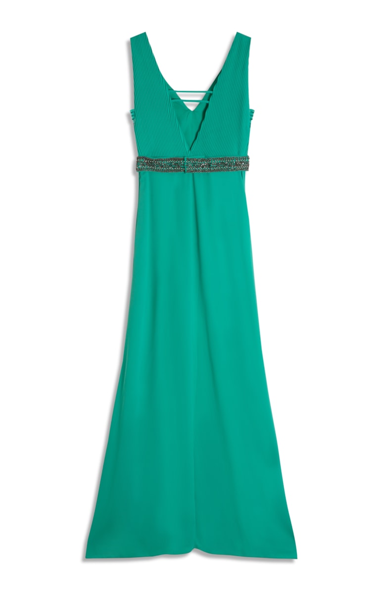 Vestido Longo Cinto Bordado Verde Claro