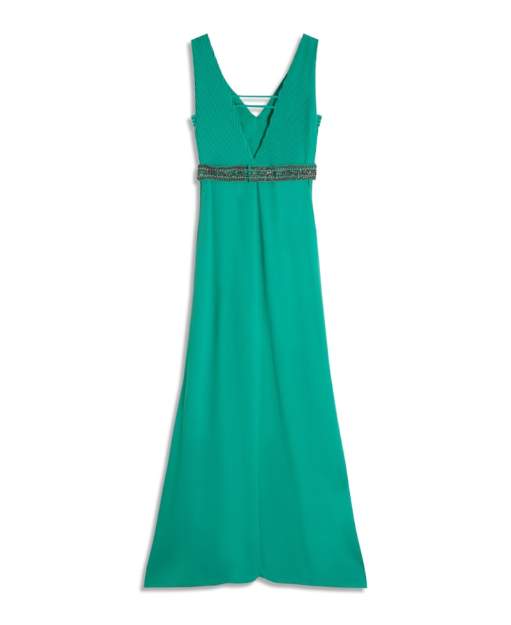 Vestido Longo Cinto Bordado Verde Claro