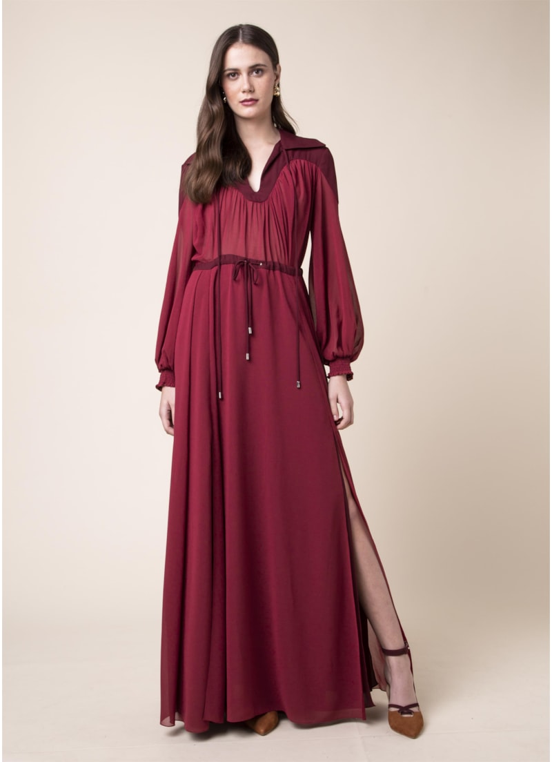Vestido Longo Recortes Vinho