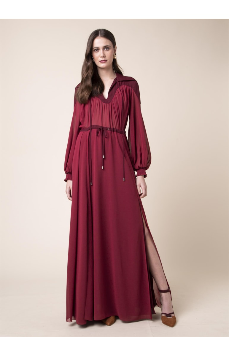 Vestido Longo Recortes Vinho