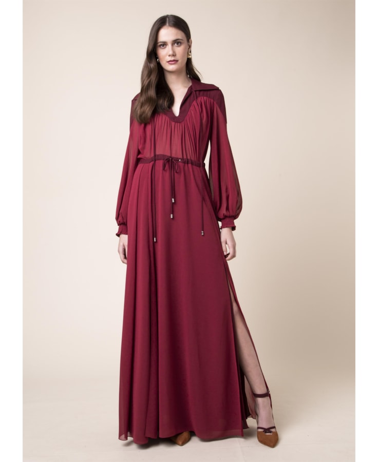 Vestido Longo Recortes Vinho