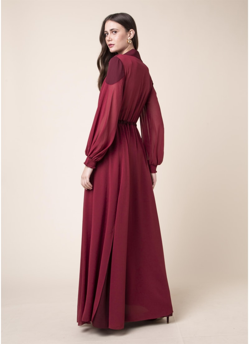 Vestido Longo Recortes Vinho